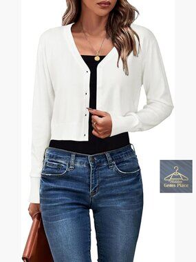Lightweight Cropped Cardigan Shrug V-Neck Long Sleeve Business Casual Sweater
